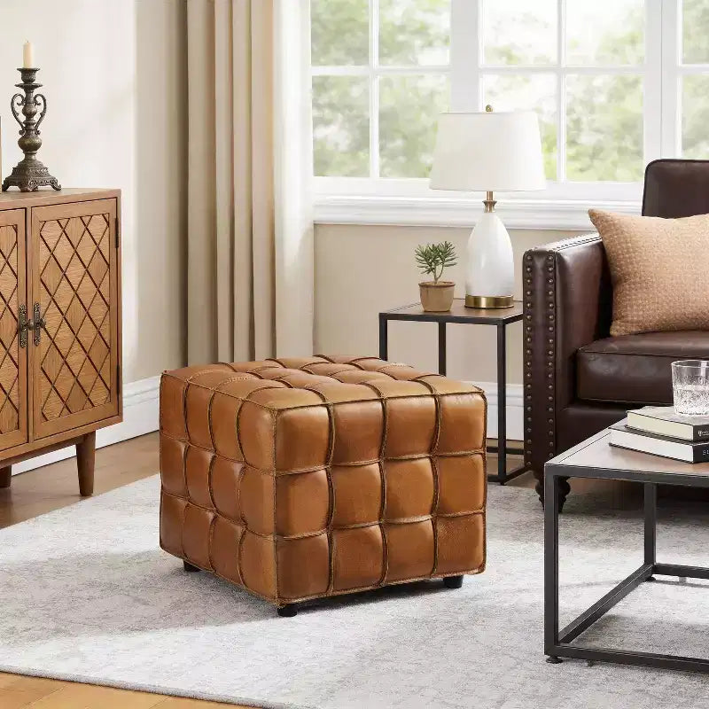 Cubic Leather Ottoman with Grid Patchwork Design