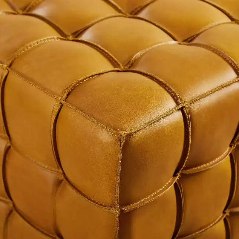 Cubic Leather Ottoman with Grid Patchwork Design