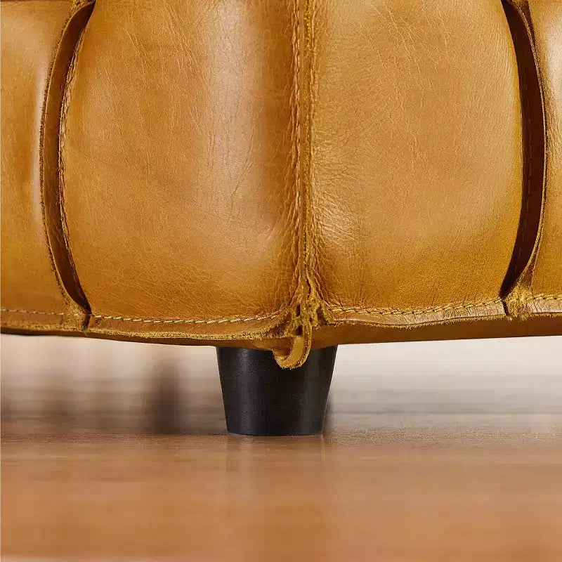 Cubic Leather Ottoman with Grid Patchwork Design