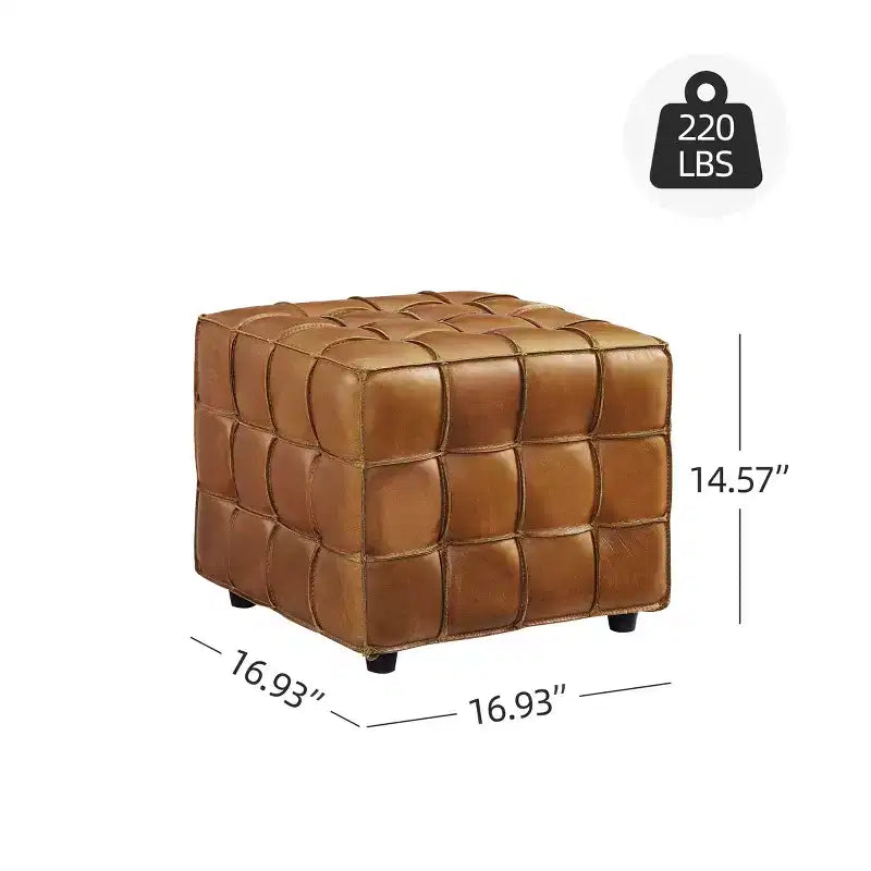Cubic Leather Ottoman with Grid Patchwork Design