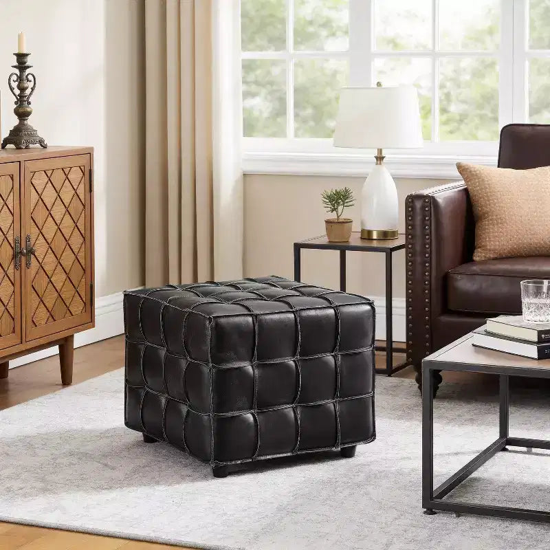 Cubic Leather Ottoman with Grid Patchwork Design