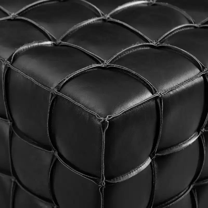 Cubic Leather Ottoman with Grid Patchwork Design