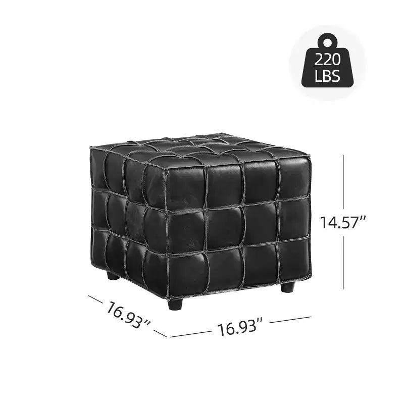 Cubic Leather Ottoman with Grid Patchwork Design