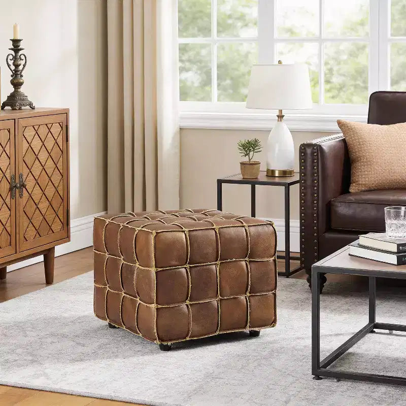 Cubic Leather Ottoman with Grid Patchwork Design