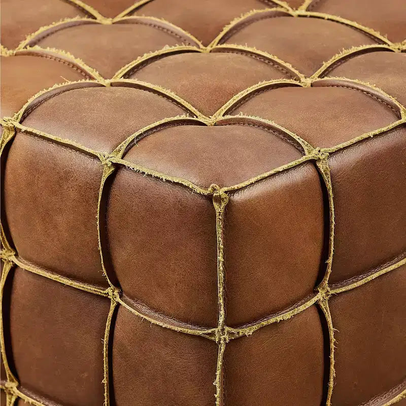 Cubic Leather Ottoman with Grid Patchwork Design