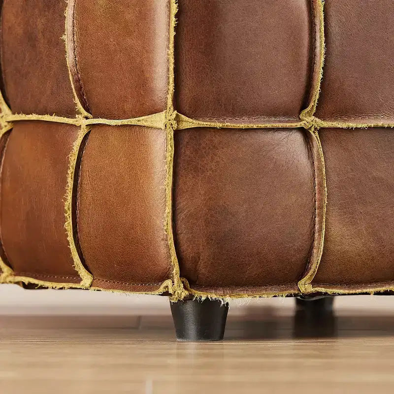 Cubic Leather Ottoman with Grid Patchwork Design