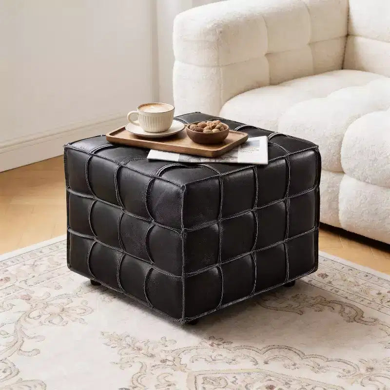 Cubic Leather Ottoman with Grid Patchwork Design