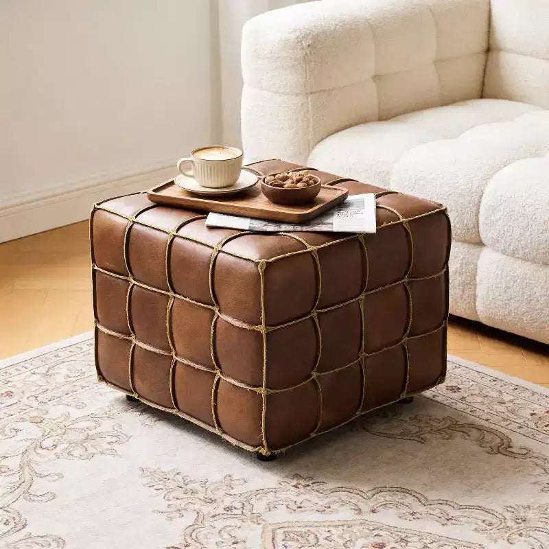 Cubic Leather Ottoman with Grid Patchwork Design