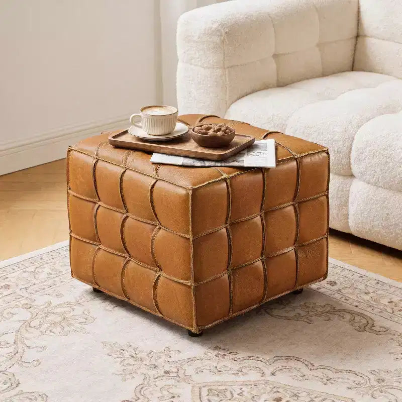 Cubic Leather Ottoman with Grid Patchwork Design