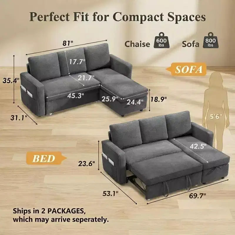 81 Sleeper Sofa Bed, 2 in 1 Pull Out Couch, L-Shaped Sectional Sofa with Reversible Storage Chaise, Side Pockets