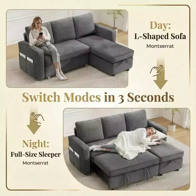 81 Sleeper Sofa Bed, 2 in 1 Pull Out Couch, L-Shaped Sectional Sofa with Reversible Storage Chaise, Side Pockets