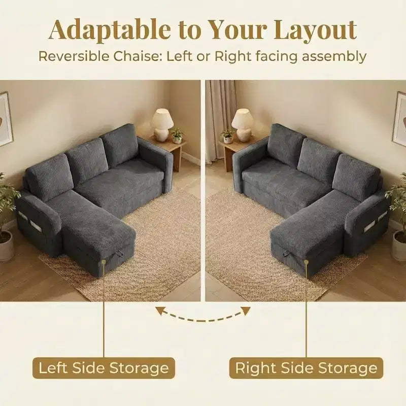 81 Sleeper Sofa Bed, 2 in 1 Pull Out Couch, L-Shaped Sectional Sofa with Reversible Storage Chaise, Side Pockets