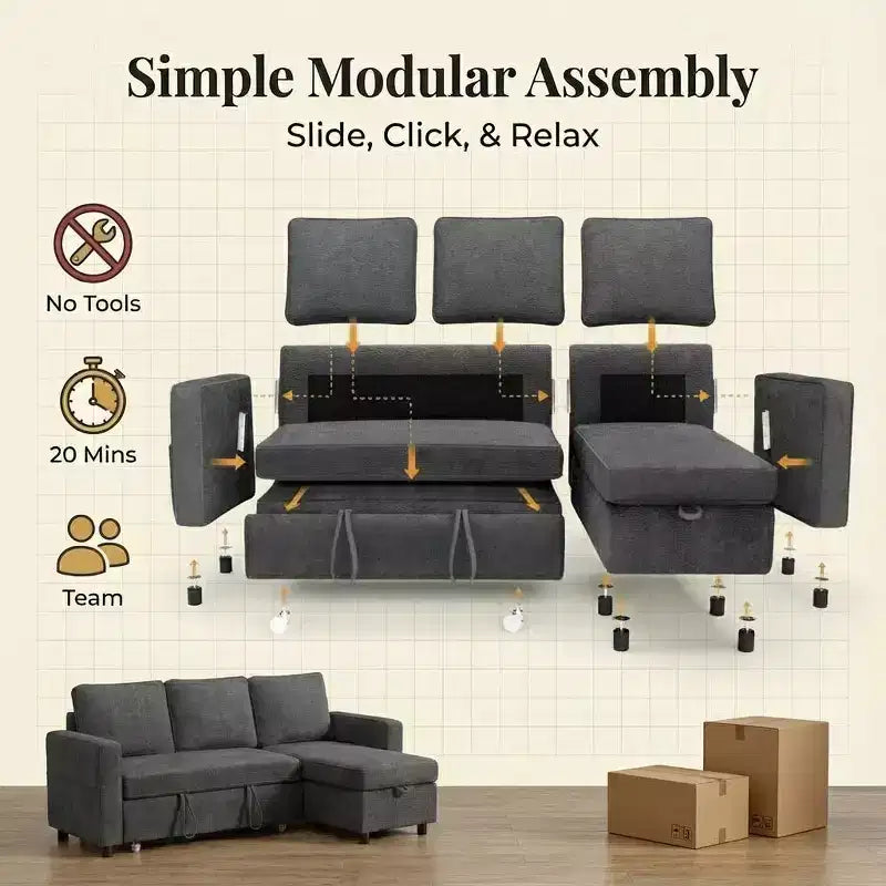 81 Sleeper Sofa Bed, 2 in 1 Pull Out Couch, L-Shaped Sectional Sofa with Reversible Storage Chaise, Side Pockets