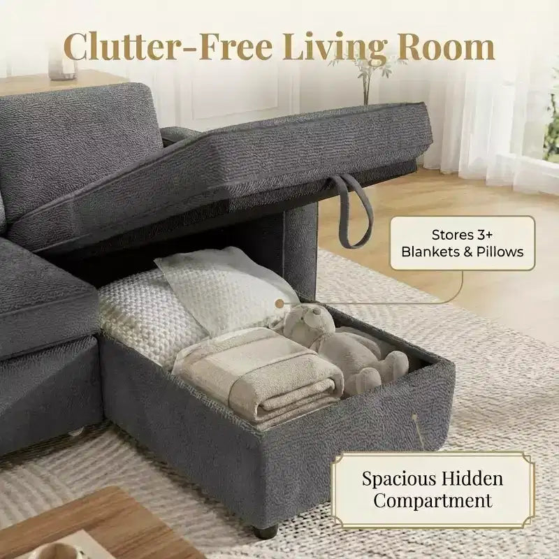 81 Sleeper Sofa Bed, 2 in 1 Pull Out Couch, L-Shaped Sectional Sofa with Reversible Storage Chaise, Side Pockets
