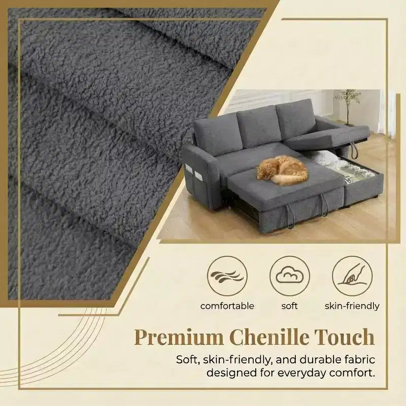 81 Sleeper Sofa Bed, 2 in 1 Pull Out Couch, L-Shaped Sectional Sofa with Reversible Storage Chaise, Side Pockets