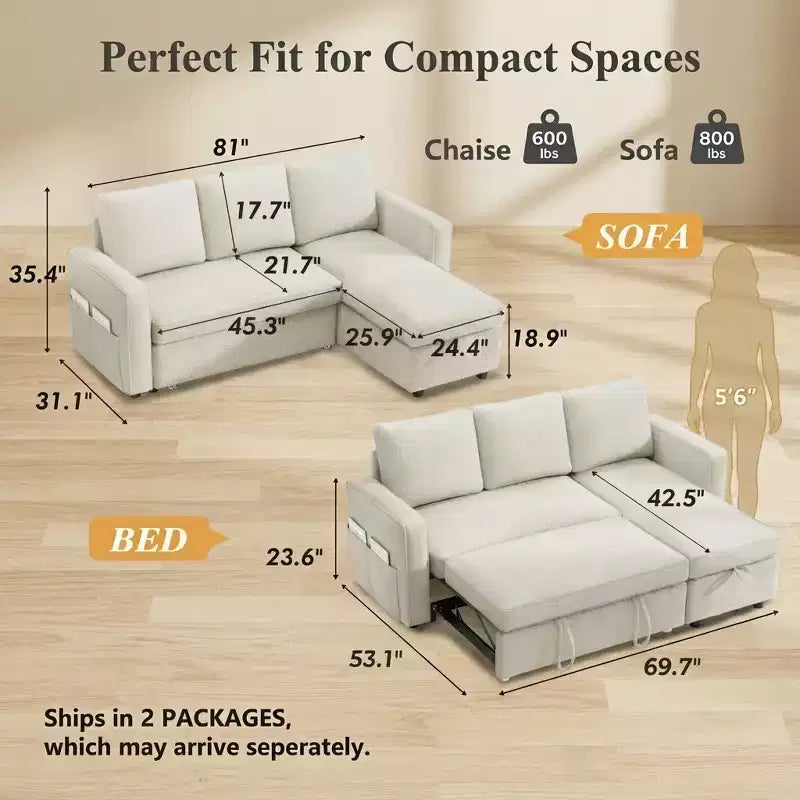 81 Sleeper Sofa Bed, 2 in 1 Pull Out Couch, L-Shaped Sectional Sofa with Reversible Storage Chaise, Side Pockets