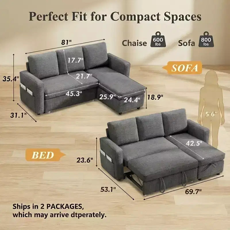 81 Sleeper Sofa Bed, 2 in 1 Pull Out Couch, L-Shaped Sectional Sofa with Reversible Storage Chaise, Side Pockets