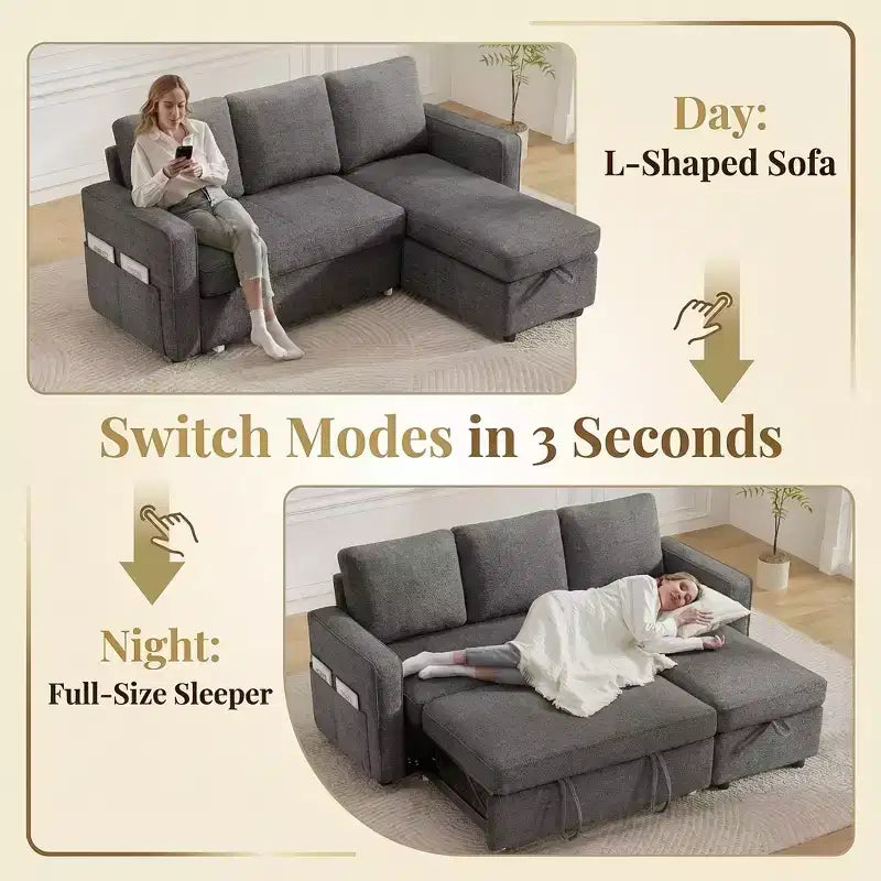 81 Sleeper Sofa Bed, 2 in 1 Pull Out Couch, L-Shaped Sectional Sofa with Reversible Storage Chaise, Side Pockets