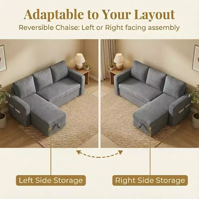 81 Sleeper Sofa Bed, 2 in 1 Pull Out Couch, L-Shaped Sectional Sofa with Reversible Storage Chaise, Side Pockets