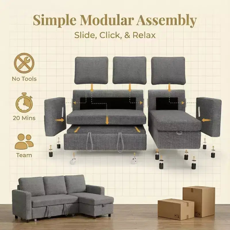 81 Sleeper Sofa Bed, 2 in 1 Pull Out Couch, L-Shaped Sectional Sofa with Reversible Storage Chaise, Side Pockets