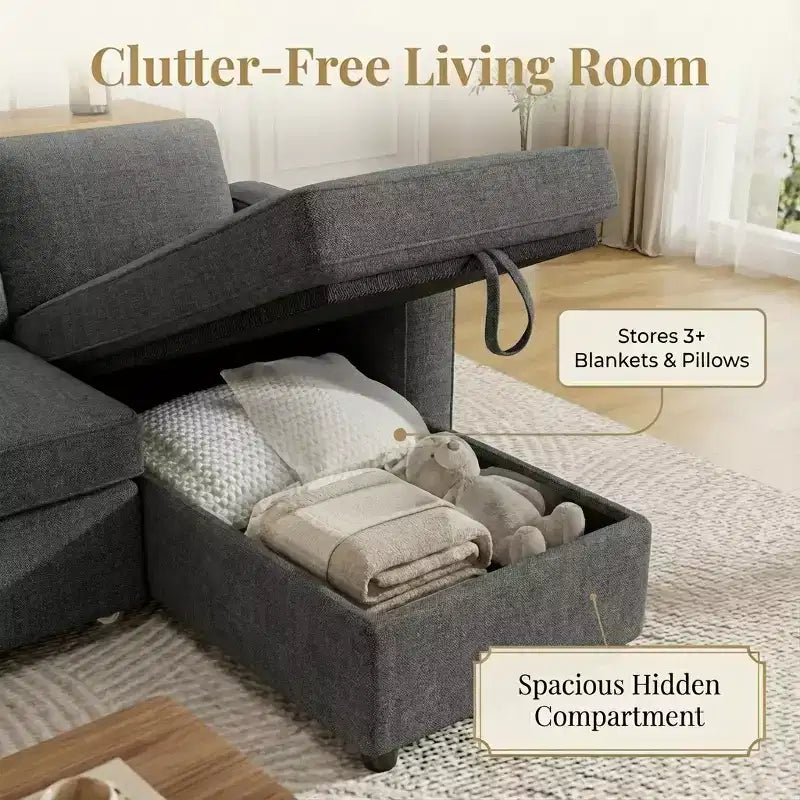 81 Sleeper Sofa Bed, 2 in 1 Pull Out Couch, L-Shaped Sectional Sofa with Reversible Storage Chaise, Side Pockets