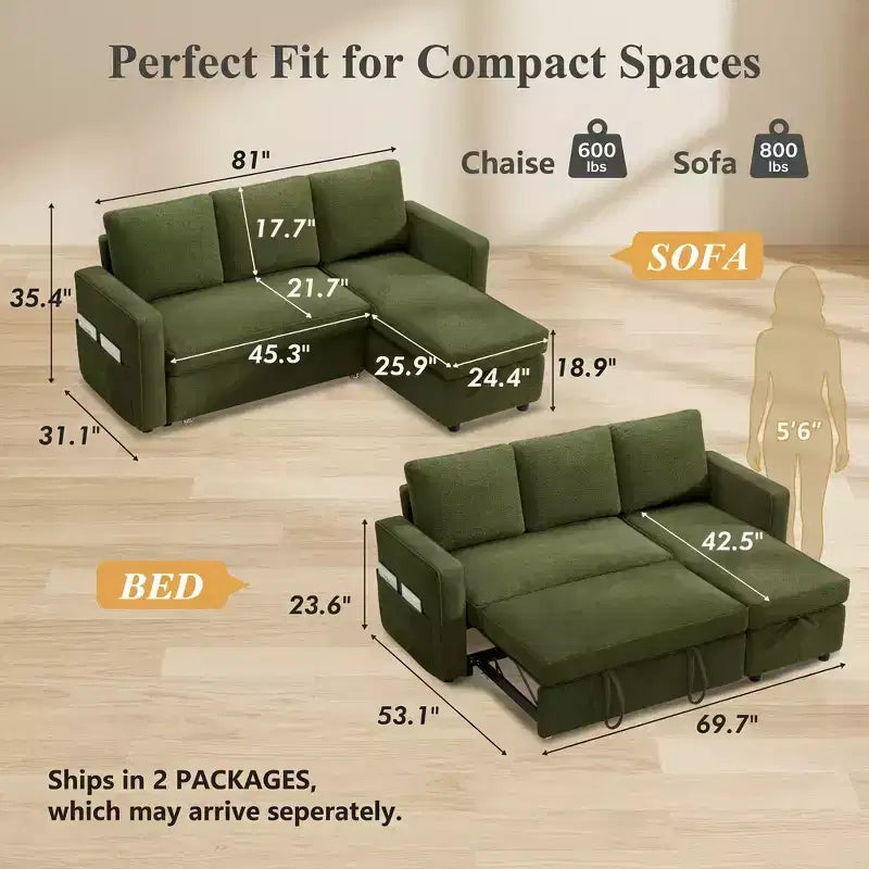81 Sleeper Sofa Bed, 2 in 1 Pull Out Couch, L-Shaped Sectional Sofa with Reversible Storage Chaise, Side Pockets