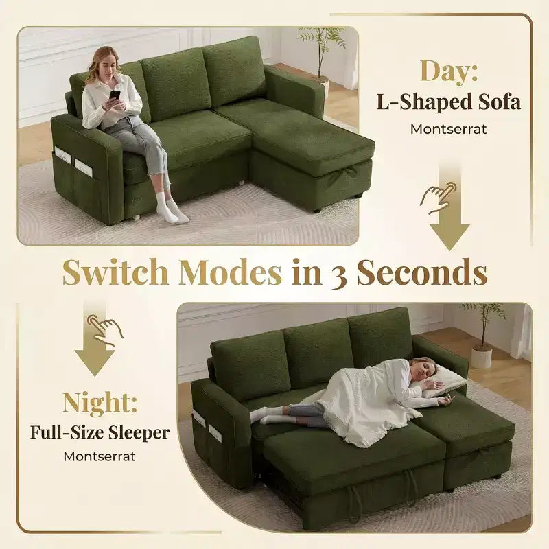 81 Sleeper Sofa Bed, 2 in 1 Pull Out Couch, L-Shaped Sectional Sofa with Reversible Storage Chaise, Side Pockets
