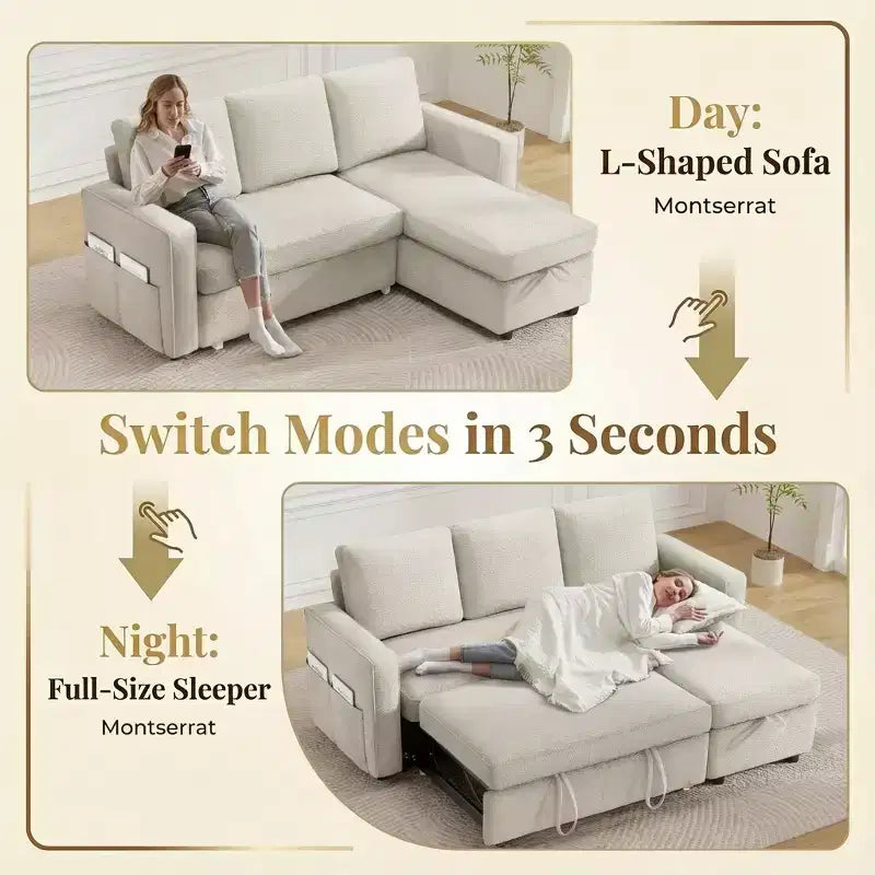 81 Sleeper Sofa Bed, 2 in 1 Pull Out Couch, L-Shaped Sectional Sofa with Reversible Storage Chaise, Side Pockets