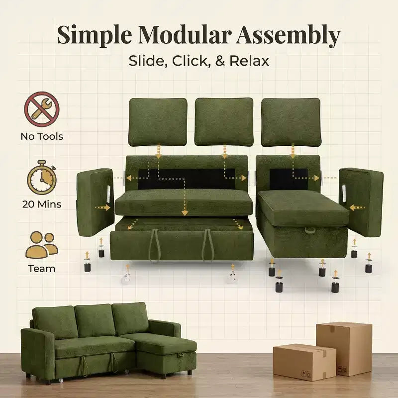 81 Sleeper Sofa Bed, 2 in 1 Pull Out Couch, L-Shaped Sectional Sofa with Reversible Storage Chaise, Side Pockets