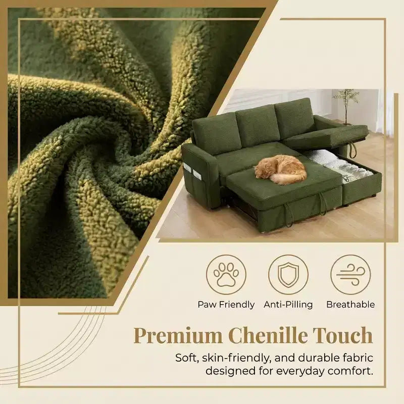 81 Sleeper Sofa Bed, 2 in 1 Pull Out Couch, L-Shaped Sectional Sofa with Reversible Storage Chaise, Side Pockets