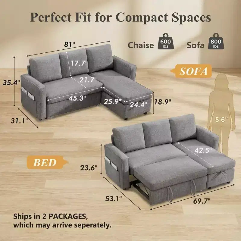 81 Sleeper Sofa Bed, 2 in 1 Pull Out Couch, L-Shaped Sectional Sofa with Reversible Storage Chaise, Side Pockets