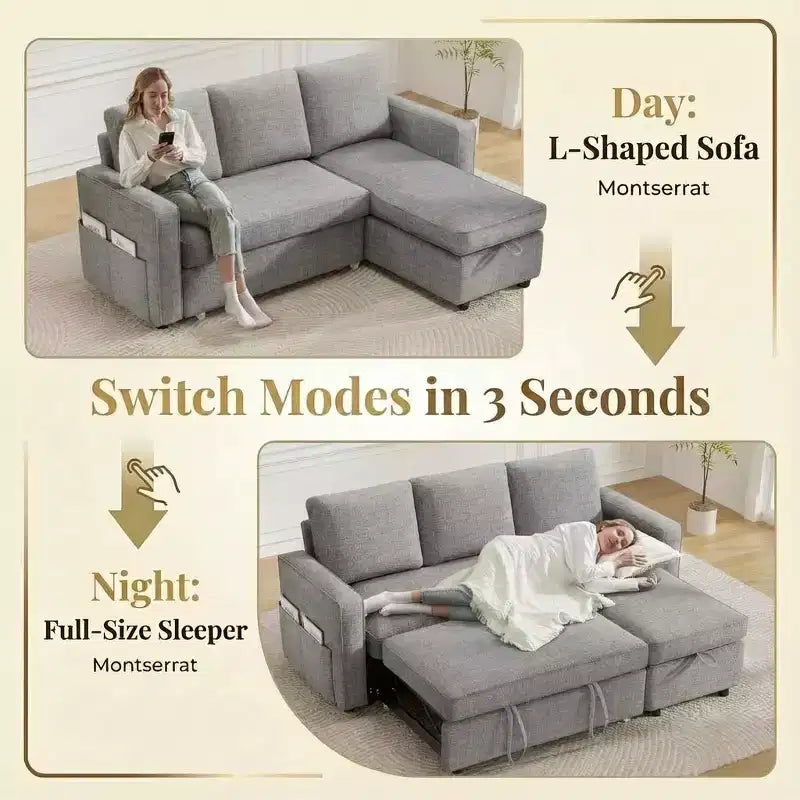 81 Sleeper Sofa Bed, 2 in 1 Pull Out Couch, L-Shaped Sectional Sofa with Reversible Storage Chaise, Side Pockets