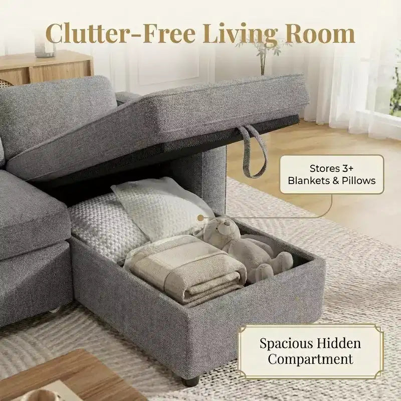 81 Sleeper Sofa Bed, 2 in 1 Pull Out Couch, L-Shaped Sectional Sofa with Reversible Storage Chaise, Side Pockets