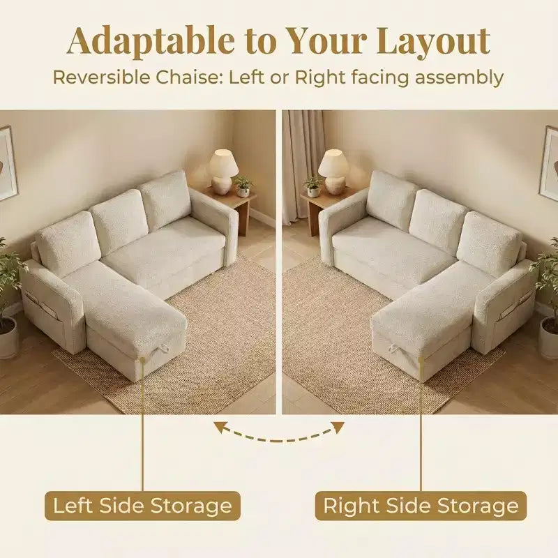81 Sleeper Sofa Bed, 2 in 1 Pull Out Couch, L-Shaped Sectional Sofa with Reversible Storage Chaise, Side Pockets