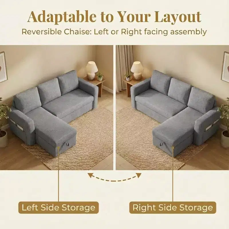 81 Sleeper Sofa Bed, 2 in 1 Pull Out Couch, L-Shaped Sectional Sofa with Reversible Storage Chaise, Side Pockets