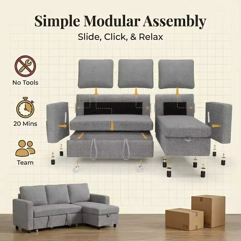 81 Sleeper Sofa Bed, 2 in 1 Pull Out Couch, L-Shaped Sectional Sofa with Reversible Storage Chaise, Side Pockets