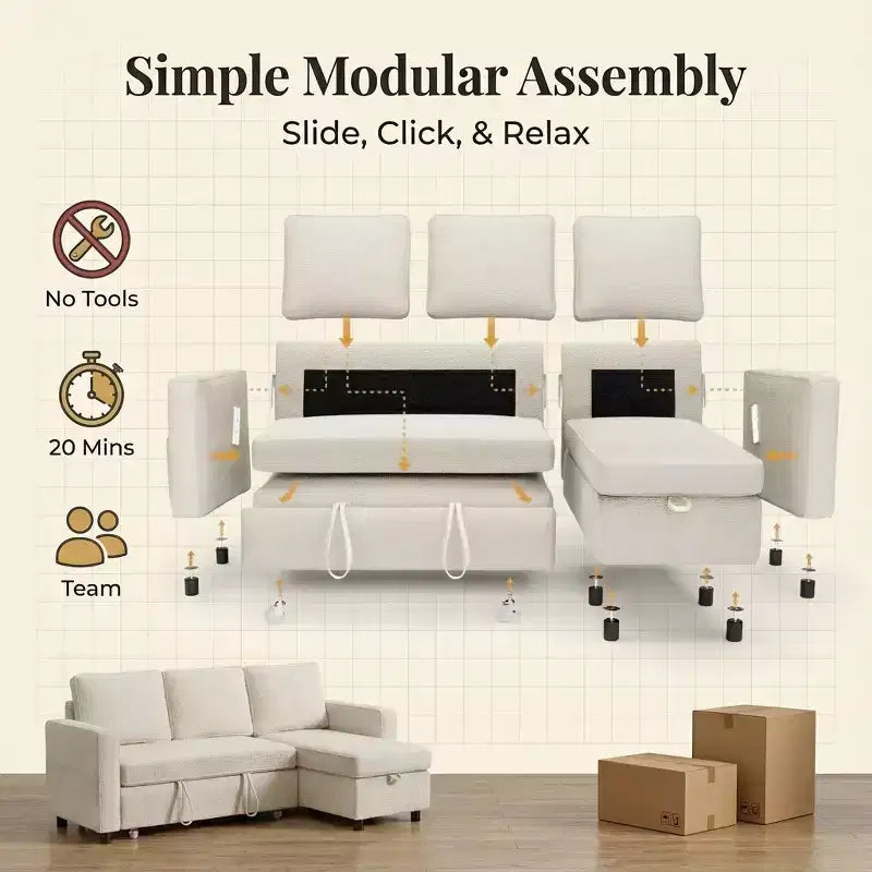 81 Sleeper Sofa Bed, 2 in 1 Pull Out Couch, L-Shaped Sectional Sofa with Reversible Storage Chaise, Side Pockets