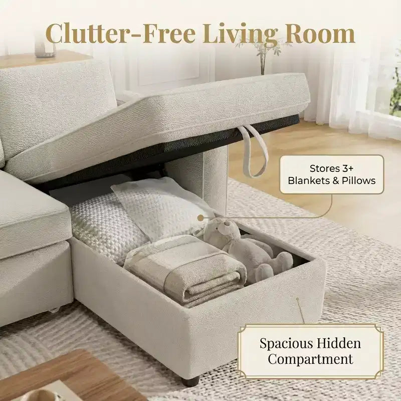 81 Sleeper Sofa Bed, 2 in 1 Pull Out Couch, L-Shaped Sectional Sofa with Reversible Storage Chaise, Side Pockets