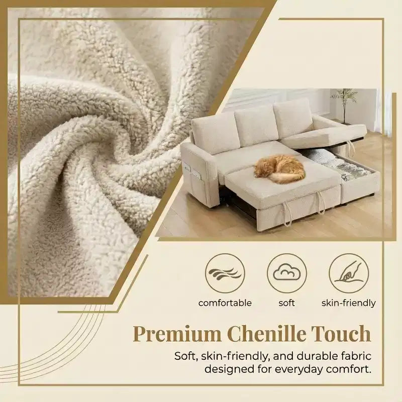 81 Sleeper Sofa Bed, 2 in 1 Pull Out Couch, L-Shaped Sectional Sofa with Reversible Storage Chaise, Side Pockets