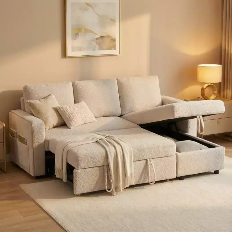 Dyonery 81 Sleeper Sofa Bed, 2 in 1 Pull Out Couch, L-Shaped Sectional Sofa with Reversible Storage Chaise, Side Pockets