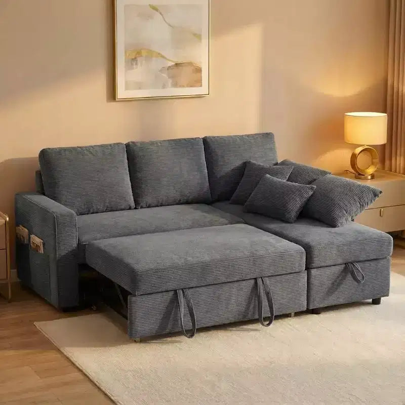 81 Sleeper Sofa Bed, 2 in 1 Pull Out Couch, L-Shaped Sectional Sofa with Reversible Storage Chaise, Side Pockets