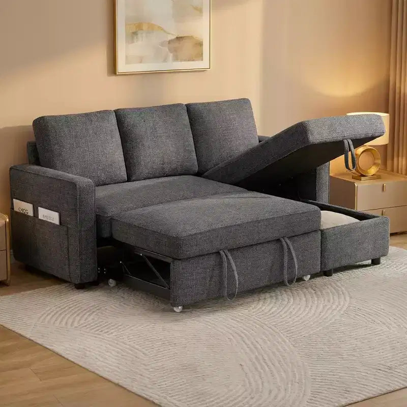 81 Sleeper Sofa Bed, 2 in 1 Pull Out Couch, L-Shaped Sectional Sofa with Reversible Storage Chaise, Side Pockets