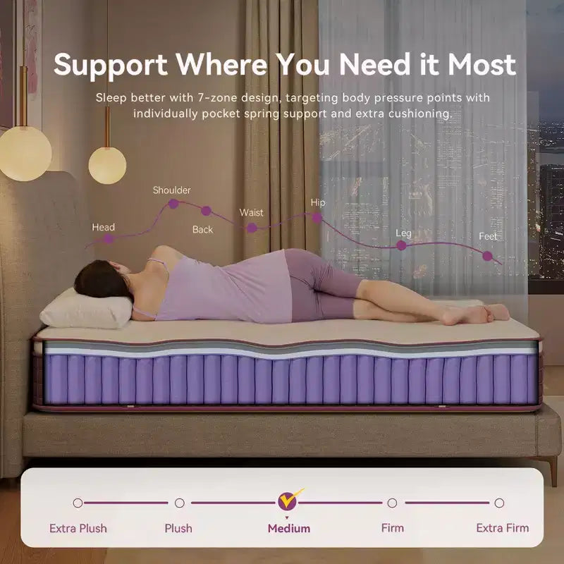 Hybrid Mattress 12 inch, Purple Mattress in a Box, Medium Firm Mattress, Pressure Relief, CertiPUR-US