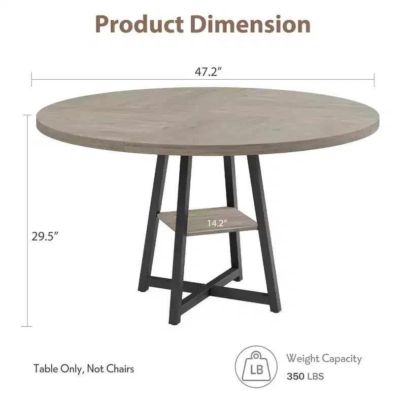 47 Inch Round Dining Table for 4-6, Industrial Kitchen Table with Storage Shelf, Space Saving for Dining Room/Kitchen