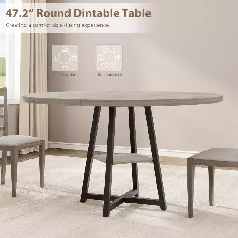 47 Inch Round Dining Table for 4-6, Industrial Kitchen Table with Storage Shelf, Space Saving for Dining Room/Kitchen
