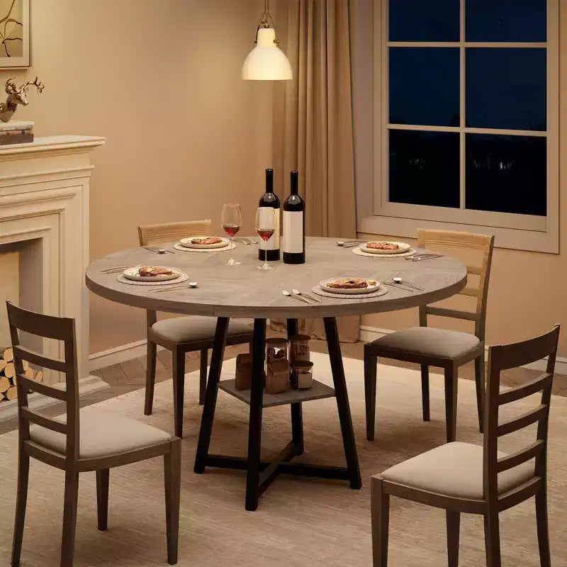 47 Inch Round Dining Table for 4-6, Industrial Kitchen Table with Storage Shelf, Space Saving for Dining Room/Kitchen