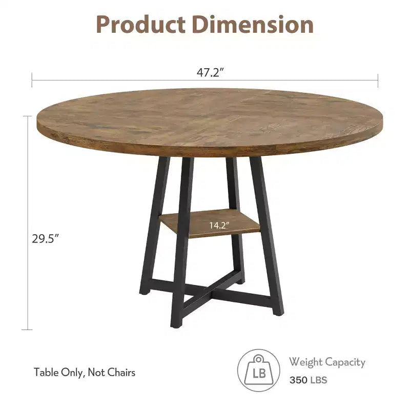 47 Inch Round Dining Table for 4-6, Industrial Kitchen Table with Storage Shelf, Space Saving for Dining Room/Kitchen
