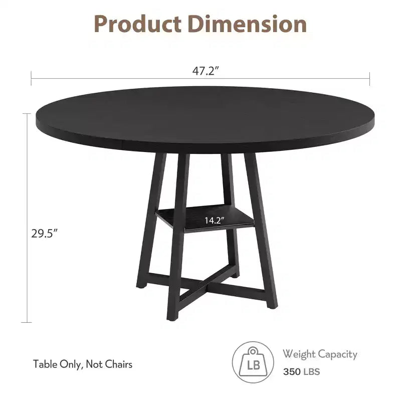 47 Inch Round Dining Table for 4-6, Industrial Kitchen Table with Storage Shelf, Space Saving for Dining Room/Kitchen