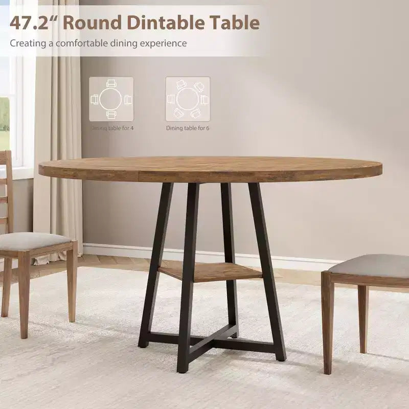 47 Inch Round Dining Table for 4-6, Industrial Kitchen Table with Storage Shelf, Space Saving for Dining Room/Kitchen
