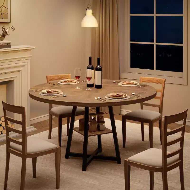 47 Inch Round Dining Table for 4-6, Industrial Kitchen Table with Storage Shelf, Space Saving for Dining Room/Kitchen